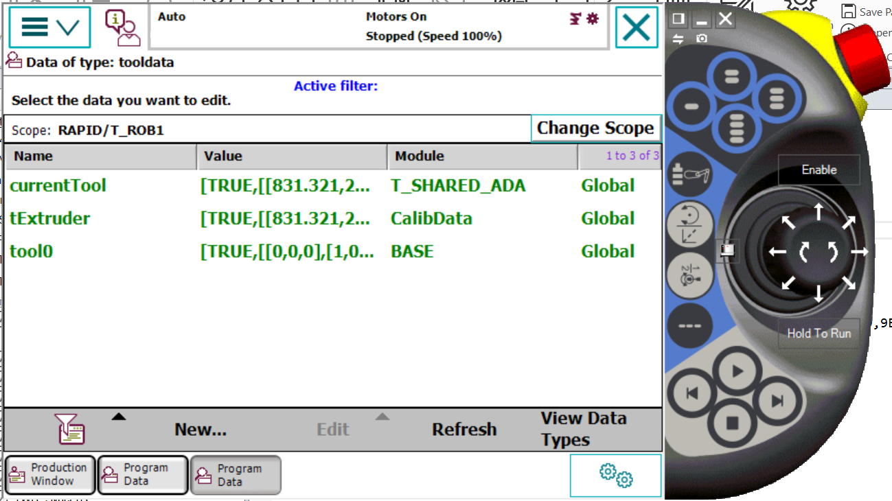 ABB teach pendant showing tooldata list