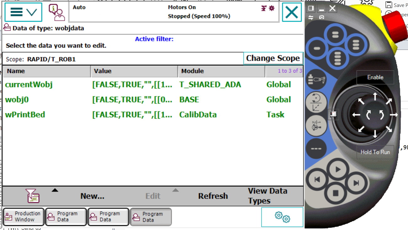 ABB teach pendant showing wobjdata list